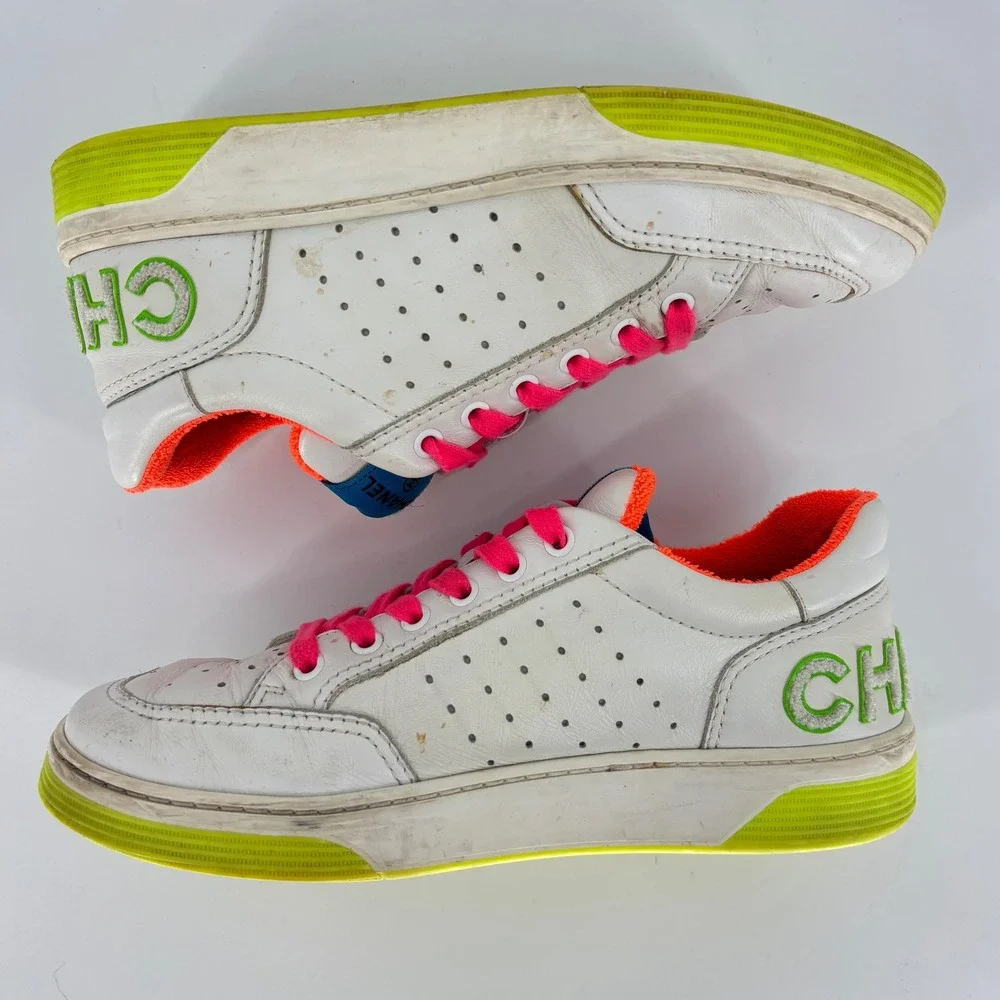Chanel Calfskin Logo Low Top Sneakers White Neon Women Size 39 Leather Colorful